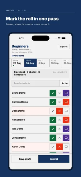The roll for a class of ten students, each row carrying a present, an absent and a homework button, with a week selector above and Save draft and Submit buttons below.