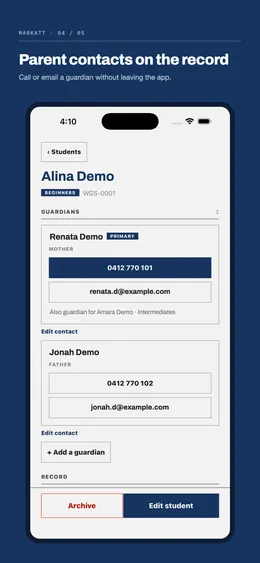 A single student record showing two guardians, each with a phone number and an email address, marked as mother and father with one set as the primary contact.