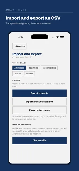 The import and export screen, with a class filter and buttons to export students, archived students or attendance as CSV, and to choose a file to import.